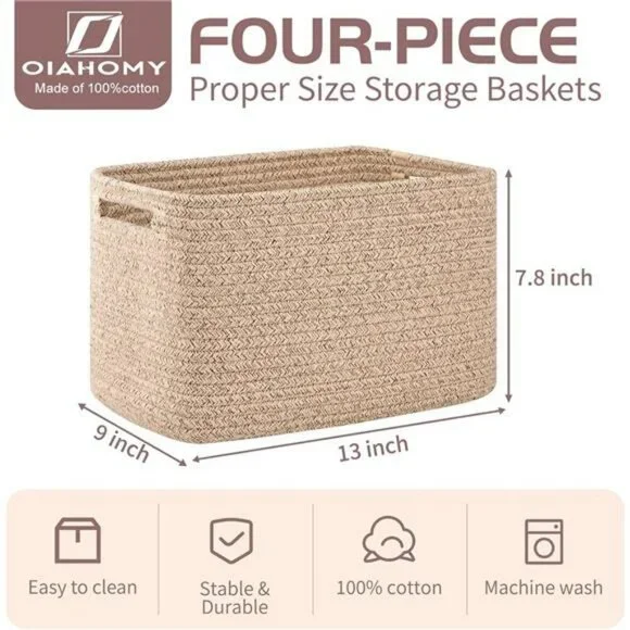 Woven Cotton Storage Baskets Set Cube Shelf Organizer Bins with Handles